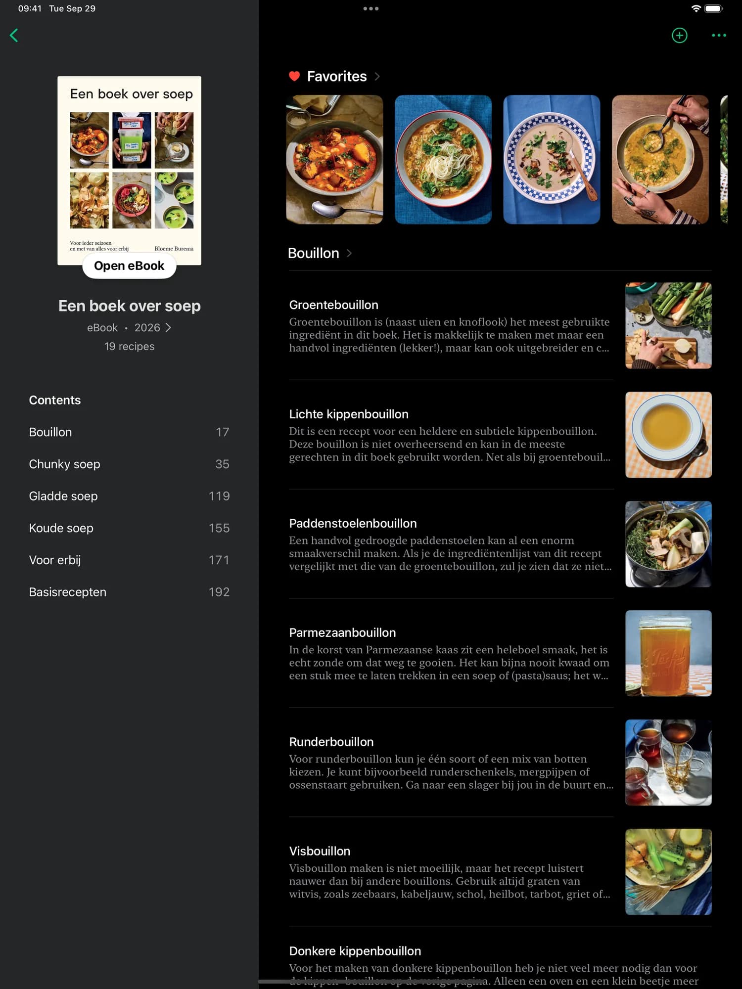 Bakkerij Funk op iPad, met omslag, hoofdstukken, favoriete recepten en een knop Open eBook