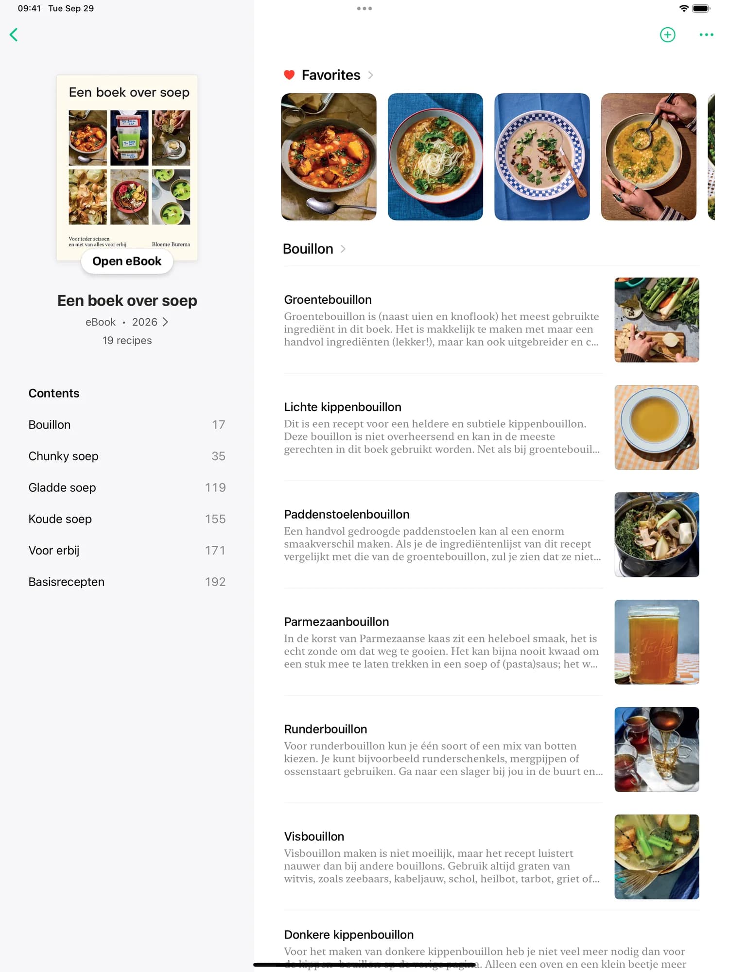 Bakkerij Funk op iPad, met omslag, hoofdstukken, favoriete recepten en een knop Open eBook