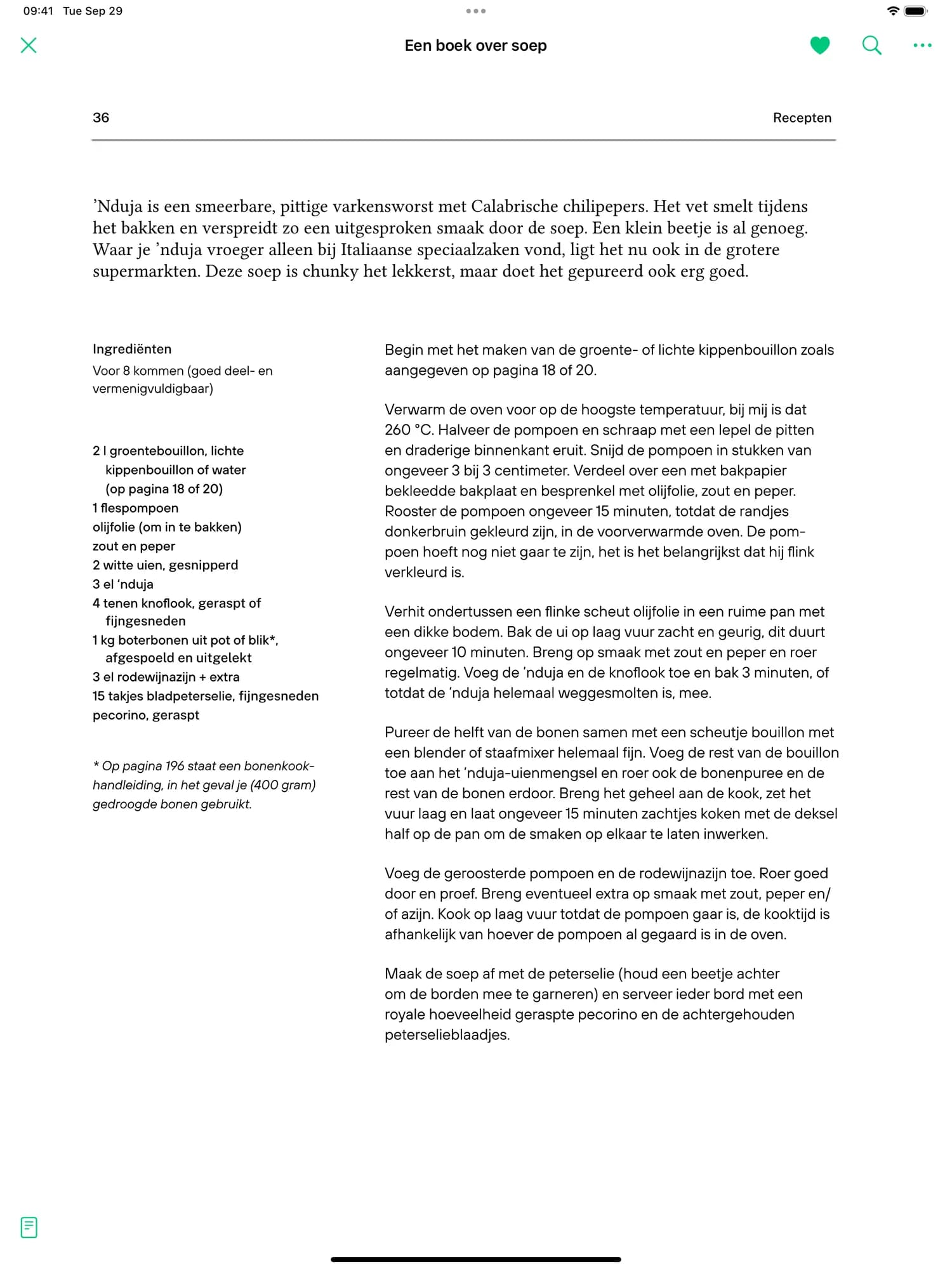Een pagina uit Een boek over soep in de CookCook-lezer op iPad, met een knop Recept vastleggen
