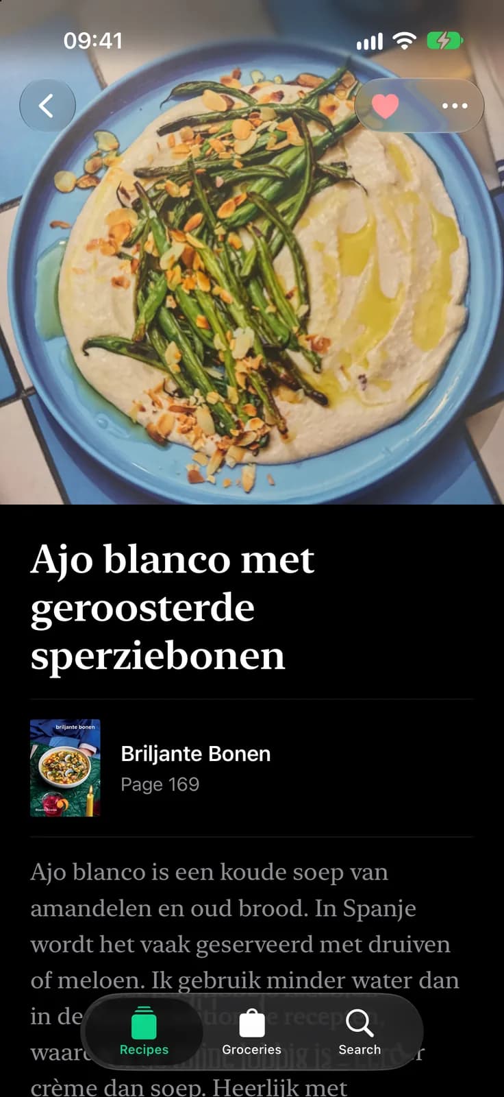 Een vastgelegd recept met het kookboek waar het uit komt en het paginanummer