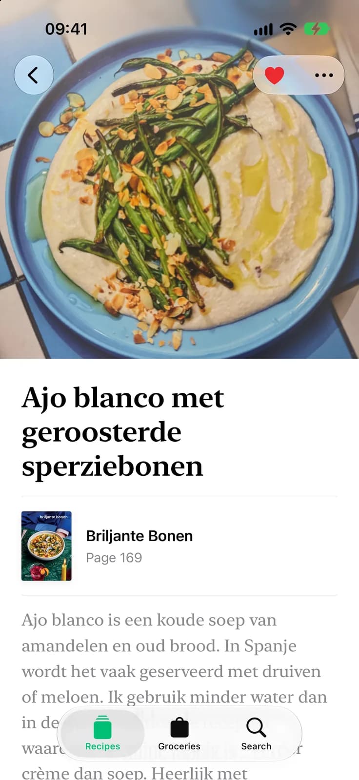 Een vastgelegd recept met het kookboek waar het uit komt en het paginanummer