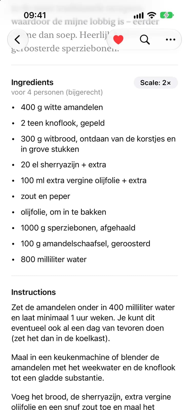 De ingrediëntenlijst van een vastgelegd recept, opgeschaald naar de dubbele hoeveelheid
