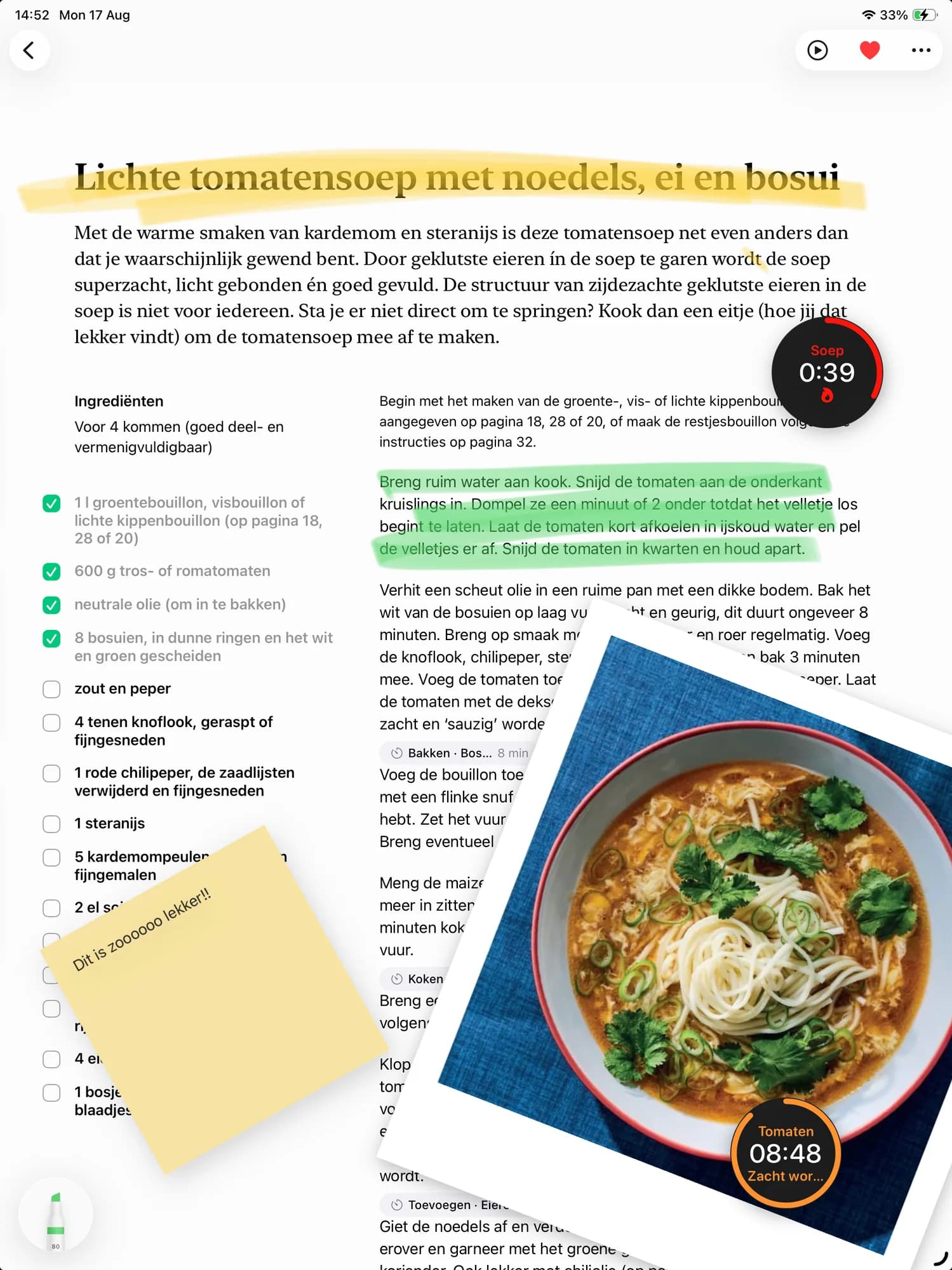 CookCook op een iPad, met een recept met afvinklijst, kooktimers en een handgeschreven notitie